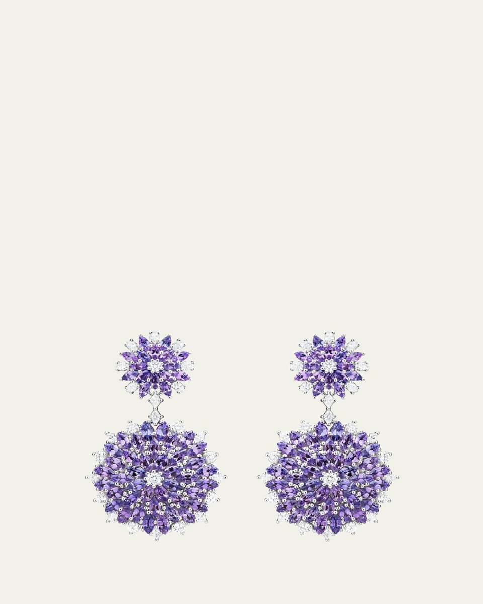 18K White Gold Dahlia Double Dangle Earrings with Diamonds and Purple Sapphires
